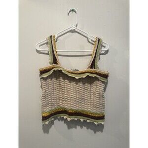 Andrew Marc Crochet Cropped Tank Top Women M 70s Square Neck Cottage Knit Grandm